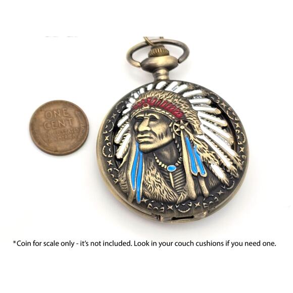 Tribal Chief Pocket Watch - Native American Art, Indian Motorcycle Gift Keepsake - Picture 6 of 9